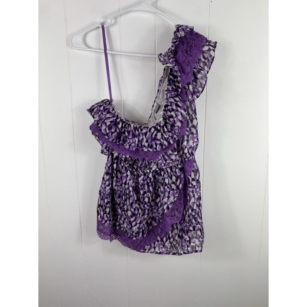 Aggie Y2K Purple Lace Ruffles One Shoulder Blouse Fairy Vintage L whimsigoth